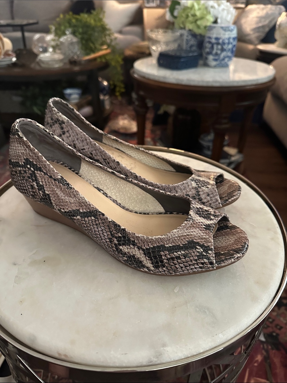 Cole Haan Taupe and Black Python-Print Peep-Toe Wedge Pumps